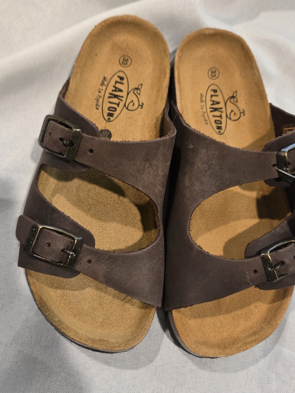 New Children's Plakton Brown Dual-Buckle Leather W/Cork Footbed  Memory Cushion